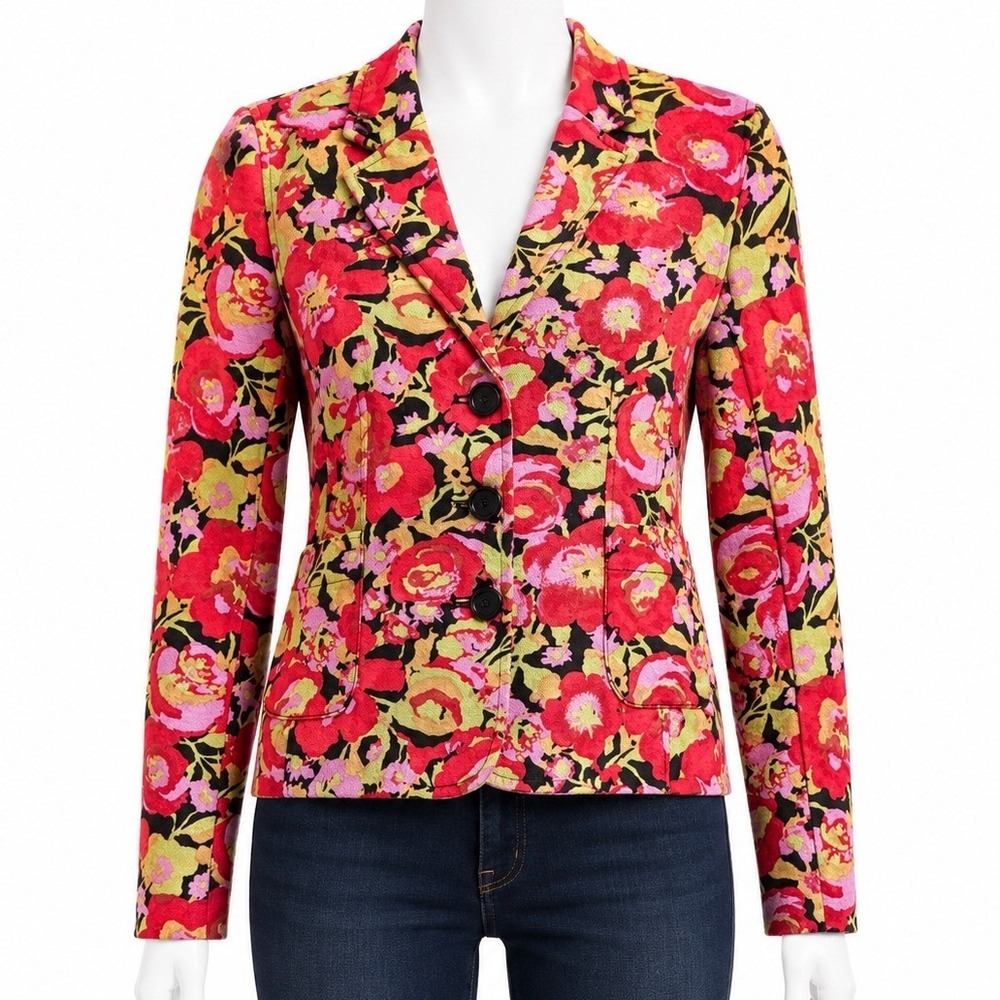Isaac Mizrahi Target Floral Blazer Pink Red Jacket Tailored Womens Small Chic